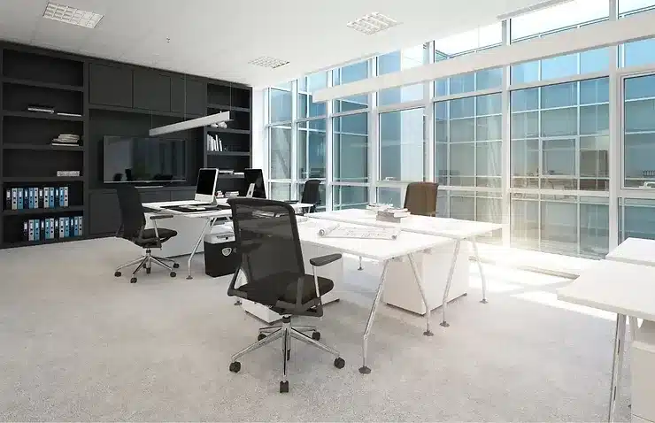 clean work environment with carpeted floor