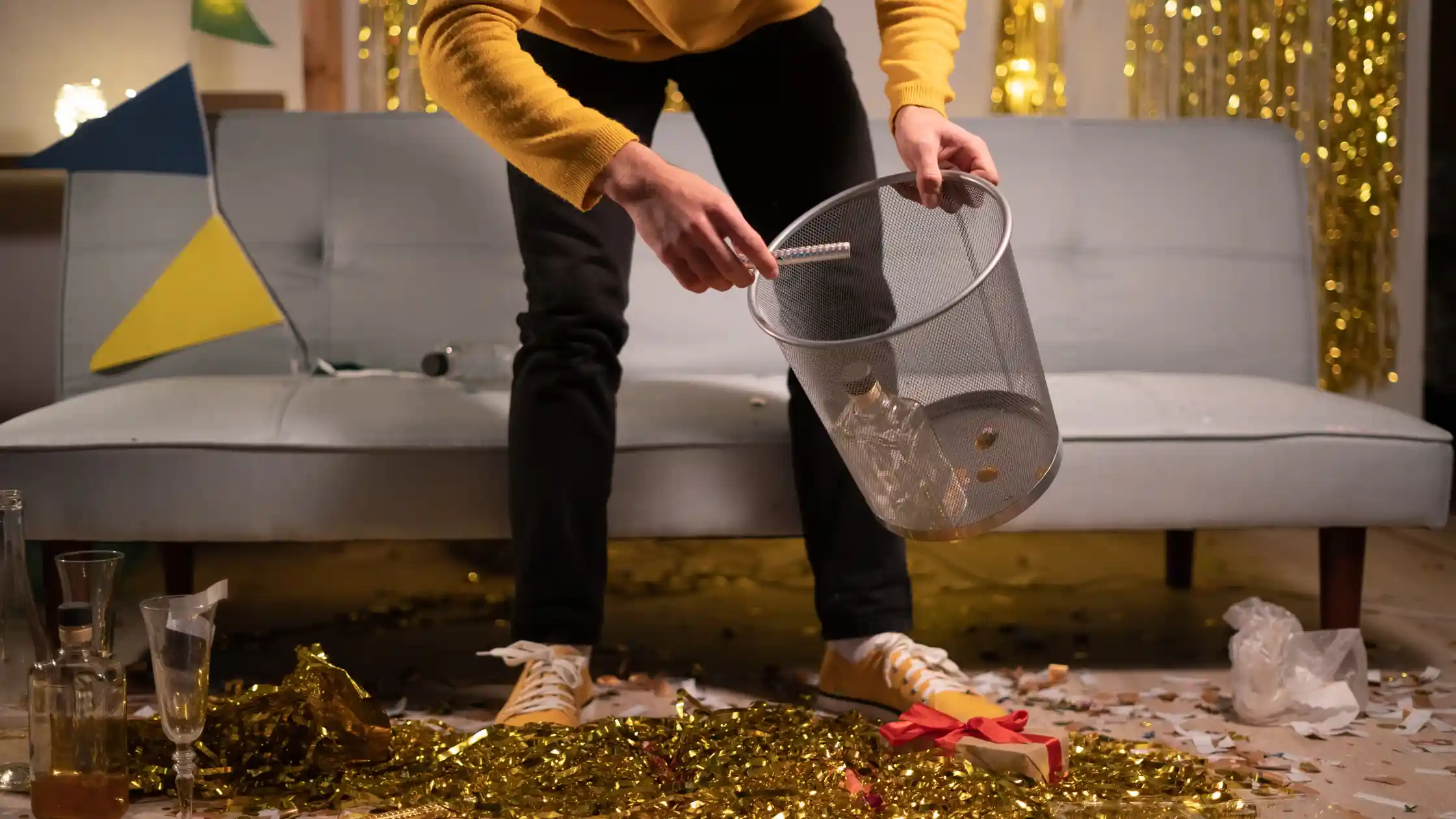 woman picking up clutter after party