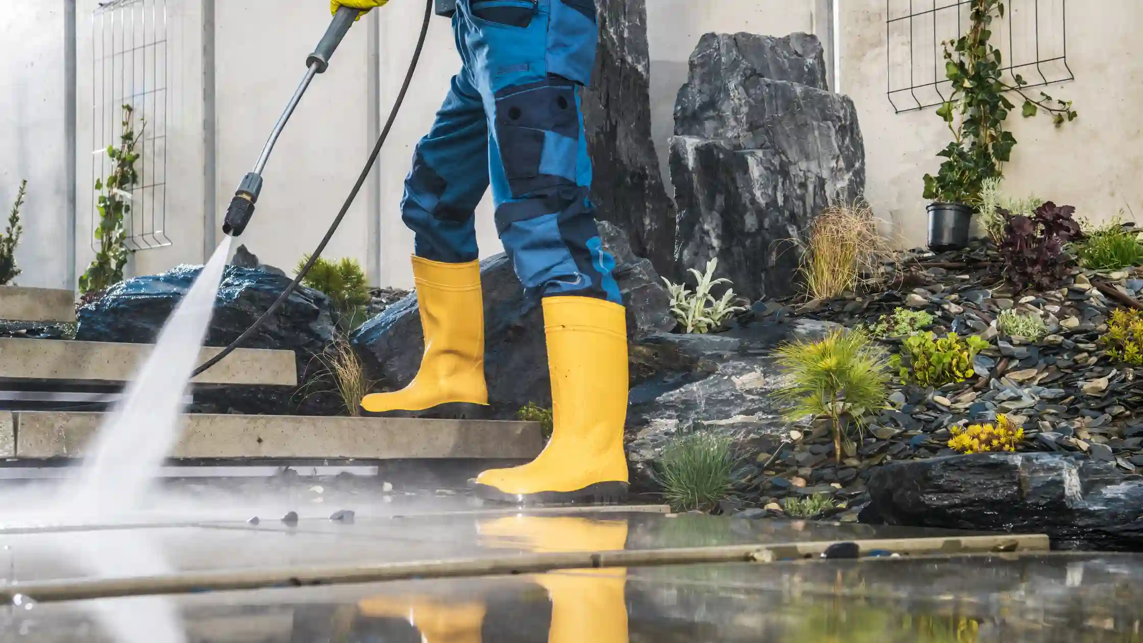 worker power washing stairs