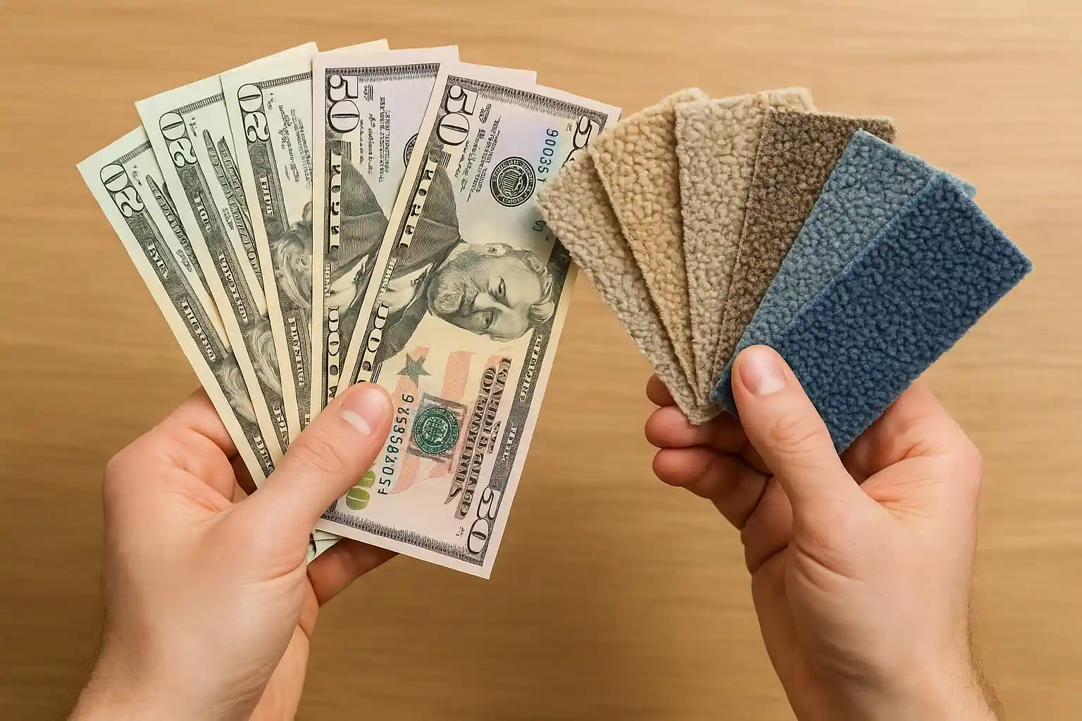 hands holding carpet swatches and dollars spread like a fan