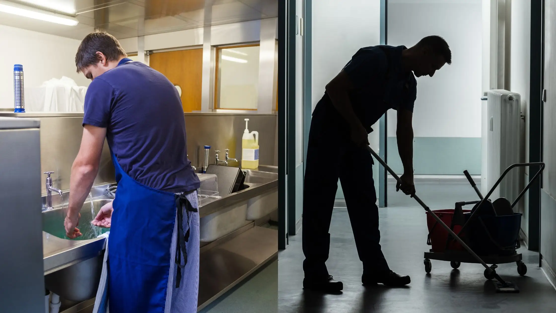 two images back to back of day porter and janitor